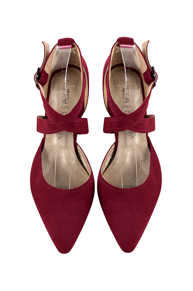 Women's burgundy red open side dress shoes, with crossed straps. Tapered toe. Medium block heels - Top view